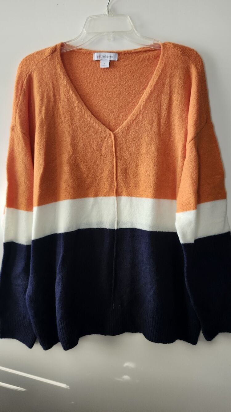 Liz Claiborne Colorblock Sweater Orange White Navy Blue VNeck Long Sleeve L #290